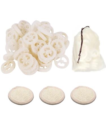 50Pcs Natural Loofah Slice of 3.15inch Reusable Natural Loofah Cuts for Cleaner Sponge Scrubber Facial Soap Holder and DIY Customize Soap Tools with 3Pcs Exfoliating Loofah Pad and 1 Storage Bag 2.7 Inch (Pack of 50)