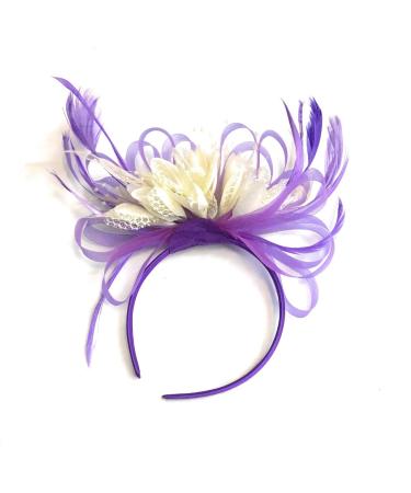 Caprilite Purple and Cream Feather Hair Fascinator Headband Wedding and Royal Ascot Races Ladies