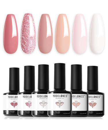 Modelones Pink Gel Nail Polish Set 6 Colors Nude Gel Polish White Pastel French Nail Polish Glitter Pink Soak Off LED Gel Nail Starter Kit Shellac Nail Varnish DIY Salon Manicure Gift for Woman rose Tea 1.17 ml (Pack of 6)