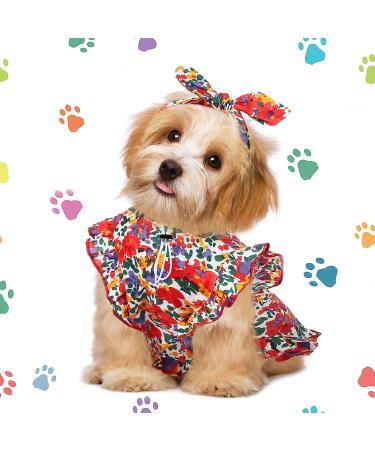 Frienda Cat and Dog Princess Floral Dress Set with Headband, Red and Yellow Floral Dress (M) - Spring/Summer Holiday Fashion - Buy Online on SooperMarket.com