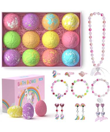 Unicorn Bath Bombs for Girls Kids with Surprise Jewelry Toys Inside - 12+1 Pack | Mermaid Necklace and Dino Egg Bubble Bath Bombs for Princess Girls - Buy Online on SooperMarket.com