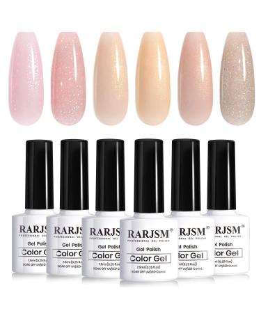 RARJSM Glitter Nude Gel Polish 6pcs Set Pale Pink Milky Jelly Cashmere Pink Beige Apricot Champagne Brown Shimmer Iridescent Holographic Gel Nail Polish 7.5ml Translucent Natural Soak off UV LED Cured Nude Shimmer Glitte...