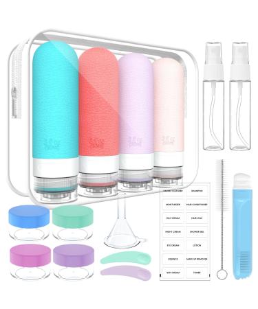 90ml x 4 silicone travel bottles set travel bottles for filling toilet items 17 pieces portable travel container for shampoo lotion leak -proof refilled TSA tested and bpa free colored 90ml blue red purple pink pink