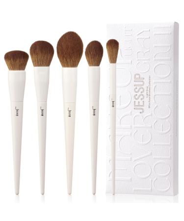 Jessup Makeup Brush Set 5Pcs Face Makeup Brushes Vegan Soft Foundation Brush Contour Brush Highlighter Brush Fluffy Setting Powder Brush Light Grey T493 C-493