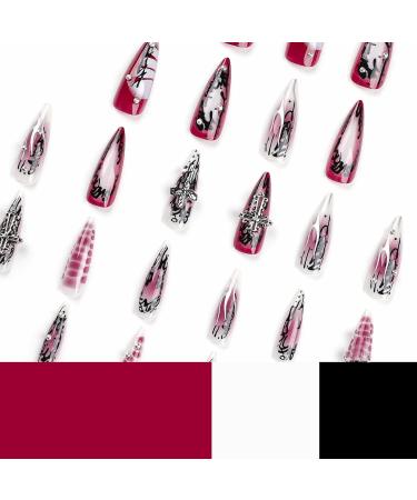 MISUD Long Stiletto Press on Nails - Gothic Red Black Ombre Acrylic Fake Nails - 24 Pcs Glossy Chrome Swirl Design - International Shipping Available - Buy Online on SooperMarket.com