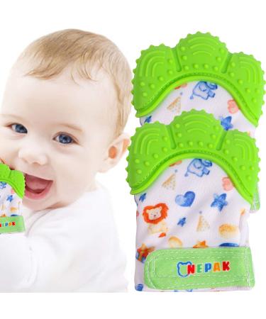 NEPAK 2 Pcs Teething Mitten Silicone Teething Mitt with Adjustable Strap with Hygienic Travel Bag(Cartoon Puppet Bright Green)