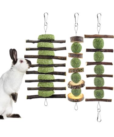 ERKOON 3PCS Bunny Chew Toys, Rabbit Chew Toys for Teeth Grinding, Improve Dental Health, 100% Natural Apple Wood Timothy Grass Cake Treats for Rabbits Guinea Pigs Chinchillas Bunnies Hamsters
