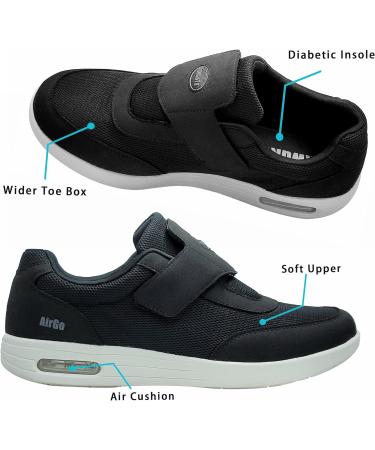 KWUKOTY Men's Diabetic Adjustable Sneakers - No Lace | Wide Sizes 7-12 | Plantar Fasciitis Relief | Black - Buy Online on SooperMarket.com