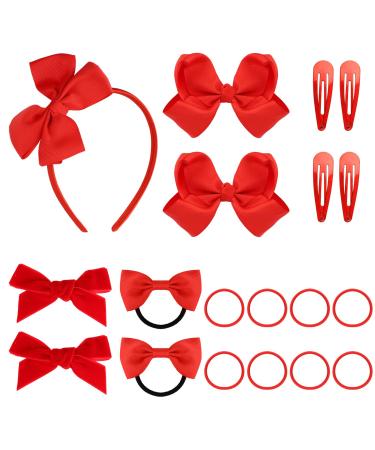 Set of 19 Red Bow School Hair Accessories Uniform Velvet & Ribbon Hair Ties Headband Hair Clips Set for Little Girls Toddler Kids Hair Styling Supplies