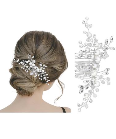 Makone Bride Flower Wedding Hair Silver Pearl Hair Piece Bridal Hair Accessories For Women And Girls Wedding Hair Clips Pearl Comb