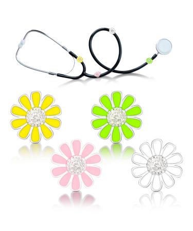 Woanger 4 Pcs Sunflower Bling Stethoscope Charms Flower Stethoscope Tag Stethoscope Accessories Gift for Doctor Nurse Nursing Students Pink White Yellow and Green