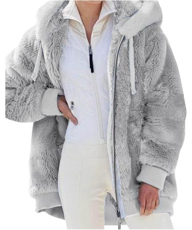 Ronony Teddy Mantel Women's Long Plush Jacket - Stylish Winter Coat with Zip Hoodie Fleece Teddy Jacket in Gray - Perfect for Cold Weather - Buy Online on SooperMarket.com