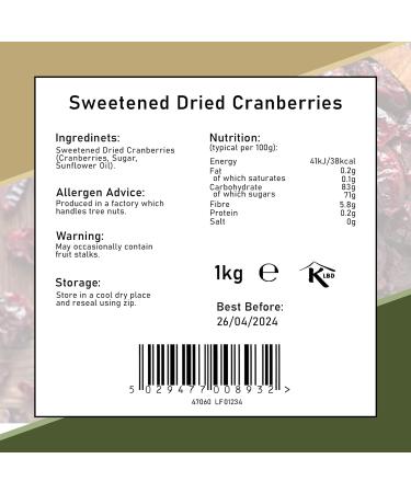 Zeina Dried Cranberries (1Kg) - Perfect for Snacking or Baking - Fat-Free & High-Fiber Dry Fruit with Resealable Zip - Sweetened Juicy Dried Cranberries - Buy Online on SooperMarket.com