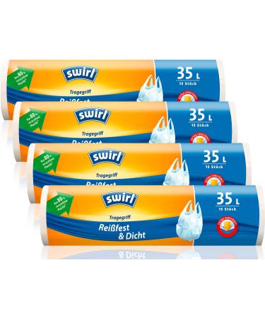 Swirl tear -resistant & tight handlebar garbage bag 35 l (4 x 15 bags) drip -safe garbage bags for household waste tearproof garbage bags with a practical handle white 15 pieces (4 pack)