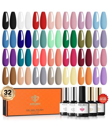 Modelones 32 PCS Gel Nail Polish Kit 28 Colors All Seasons Gel Polish with Base Coat Glossy & Glitter & Matte Top Coat and Nail Primer Black Brown Red Purple UV Gel Nail Gifts for Women DIY Salon Home Black Nude