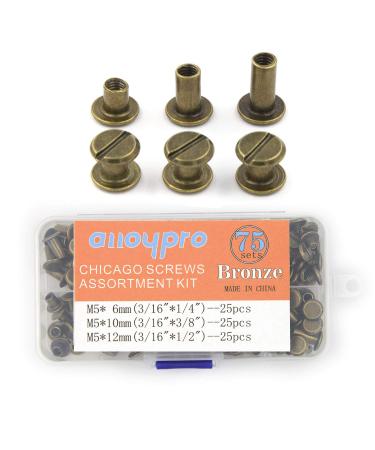 75 Sets Chicago Screws Assorted Kit 3 Sizes Bronze Leather Rivets 1/4 3/8 1/2 Screw Rivets Flat Fillister Book Binding Posts Nail Rivet Chicago Bolts for DIY Leather Craft Bookbinding (5 x 6 10 12) Bronze 5x6 10 12
