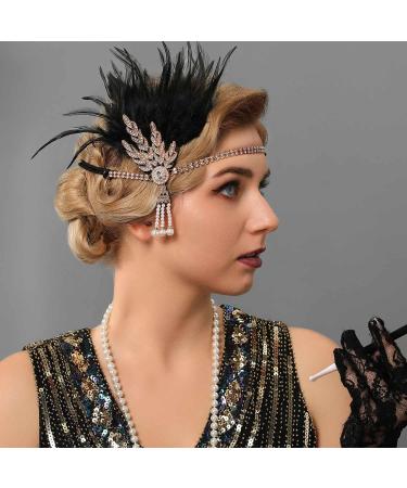 Handcess 1920s Flapper Feather Headband Black Feather Crystal Headband Women's Vintage Pearl Flapper Headpiece 20's Theme Cocktail Hair Accessories for Costume Prom Carnival Party - Buy Online on SooperMarket.com