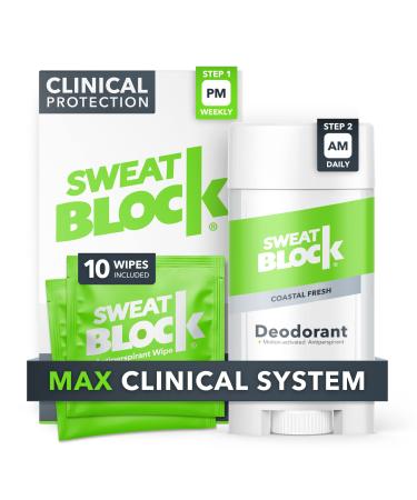SweatBlock Antiperspirant Deodorant Max Clinical System for Men & Women. Treat Hyperhidrosis, Excessive Sweating & Underarm Odor - (10) DRIBOOST PM Antiperspirant Wipes + (1) Everyday Protection AM Deodorant Stick Ever
