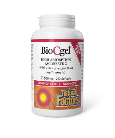 Natural Factors BioCgel 500 mg 210 softgels Value Size High Absorption Vitamin C pH-Neutral Gentle on the Stomach Helps in the Development and Maintenance of Bones Cartilage Teeth & Gums Supports Immune Function