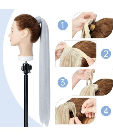 Silk-co Clip in Ponytail Hairpiece | 28 Straight Extension | Heat-Resistant Fiber | Silver Grey Color - Buy Online on SooperMarket.com