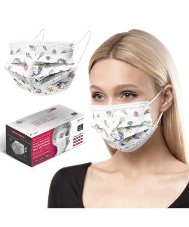 HARD 50 pieces Disposable Face Masks | Made in Germany | Type IIR & CE certified | Breathable Triple Layer - Filtration 99 78% | Elastic Earloops | Mouth Cover - Adults - Unicorn 50 Piece standard size (17 5 cm x 9 5 cm) Unicorn
