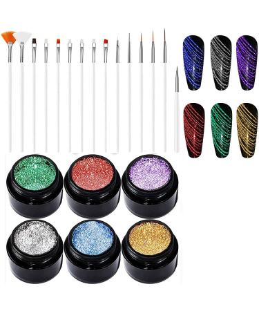 VERONNI Glitter 6 Colors Spider Gel Set Reflective Painting Nail Gel Diamond Drawing Nail Gel for Line Wire Drawing Gel Polish Soak off UV LED Gel Polish Nail Art Design 21 Piece Set