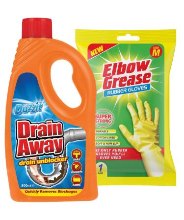 Duzzit Drain Away Drain Unblocker Liquid Formular for Sink Bath Shower 500ml with Free Elbow Grease Household Medium Rubber Gloves