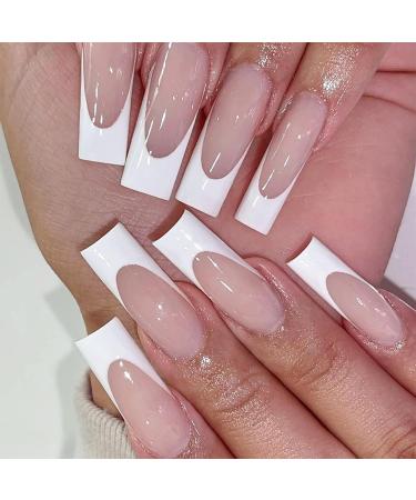 Long French False Nails Square 24PCS French Tip False Nails Gloss Nude White Fake Nails Full Cover Press on Nails with Jelly Glue Stick on Nails for Women Girls Nails Art Long Square White