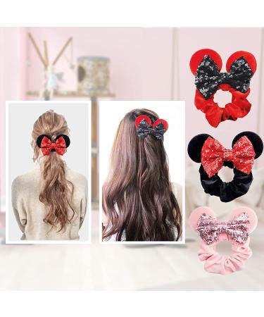 Mouse Ears Sequin Velvet Hair Scrunchies Set - Black, Red, Pink - Buy Online on SooperMarket.com