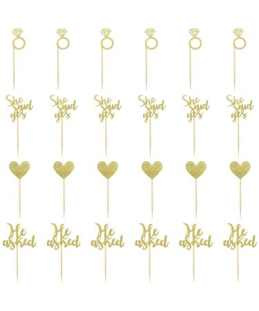 24 Pcs Gold Glitter Wedding Cupcake Toppers He Asked She Said Yes Cupcake Toppers Heart Diamond Ring Wedding Engagement Cupcake Picks Bridal Shower Party Cake Decorations