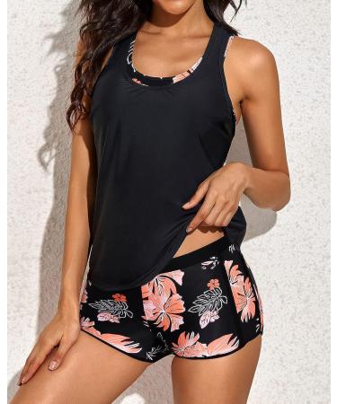 Yonique Women's 3-Piece Athletic Tankini Swimsuit Set - X-Large Pink Floral & Black - Buy Online on SooperMarket.com