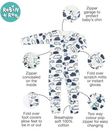 100% Cotton Two-Way Zipper Baby Sleepsuit Unisex Onesie 12-18 Months Navy Clouds - Buy Online on SooperMarket.com