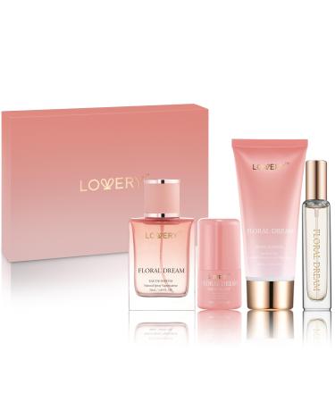 Gift for Women Floral Dream 4 in 1 Womens Perfume & Deodorant Set - 4pc Pink Eau de Parfum Fragrance Sets - Perfumes for Women Gift Set with Non Toxic Antiperspirant Stick Body Lotion & Mini Perfume