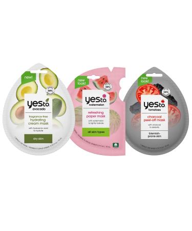 Yes To Avocado Watermelon & Tomatoes Mask Variety Pack Refreshing Hydrating & Detoxifying Masks Ideal For All Skin Types With Antioxidants Natural Vegan & Cruelty Free 3-Pack