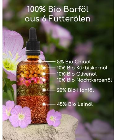Organic BARF Feed Oil for Dogs & Cats | 100ml Cold Pressed Hemp Linseed Evening Primrose Chia Pumpkin Seed & Olive Oil | Vitamin E Rich | Organic from Germany | De- ko-060 - Buy Online on SooperMarket.com