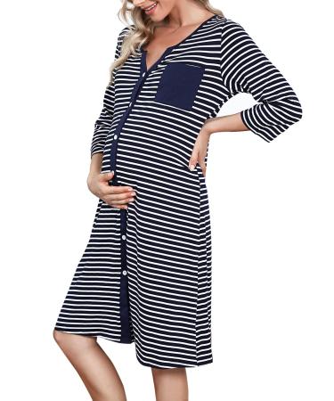 Marvmys Maternity Nightdress For Hospital Breastfeeding Nightwear 3/4 Length Sleeves Nursing Nightgown Button Down Sleep Shirt V Neck Pajama Soft Loungwear For Pregnant Women A-navy Blue XL