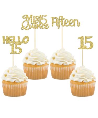 Gyufise 24Pcs Gold Glitter 15th Birthday Cupcake Toppers Mis Quince 15 Cake Toppers Hello 15 Fifteen Cupcake Picks for 15th Birthday Cake Decorations Supplies Gold 15
