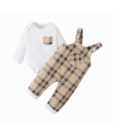 puseky Baby Boy Clothes Suit Newborn Infant Long Sleeve Romper and Plaid Suspenders Overall Pants Spring Fall Outfits 3-6 Months White