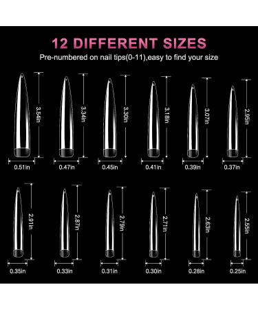 AORAEM Clear Extra Long Stiletto False Nail Tips 120 Pcs - 12 Sizes Acrylic Fake Nails - Buy Online on SooperMarket.com
