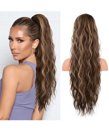 19.68 Inch Ponytail Extension Human Hair Ponytail Wave Drawstring Pony Hair Extension Synthetic Pony Tail Hair Pieces for Women Long Wavy Soft Natural Pony Tails Extensions Brown