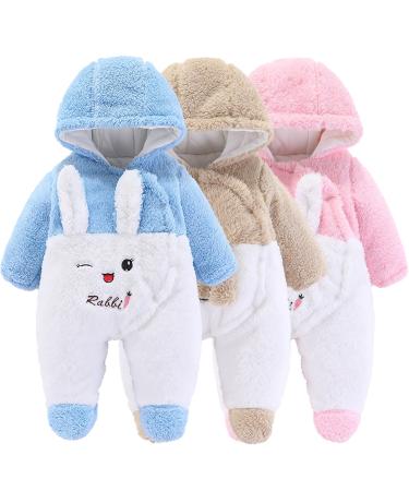 Newborn Baby Cartoon Bear Snowsuit Winter Coat Fleece Hooded Romper Jumpsuit 6-9 Months Blue Rabbit