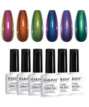 RARJSM Chameleon Gel Nail Polish Multichrome Gradient Color Changing Dark Blue Purple Orange Green 6pcs Set 7.5ml Shimmer Glitter Gel Polish Curing Requires Soak Off Sparkle Chrome Nail Gel Varnish