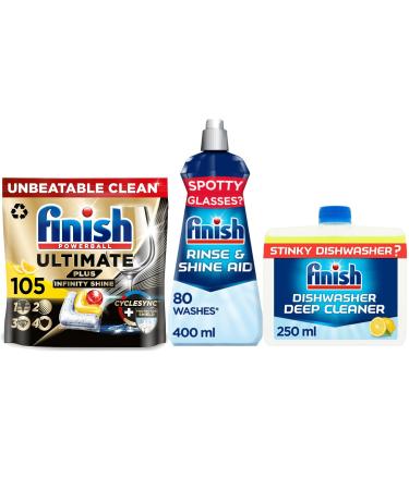 Bundle of Finish Ultimate Plus Infinity Shine Dishwasher 105 Tablets Lemon Bundle 1 x Dishwasher Cleaner Lemon 1 x Rinse Aid 400ml
