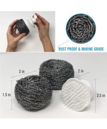 Marine Grade Stainless Steel Scrubber Set with Brush Handle - Heavy Duty Cleaning Supplies for Kitchen, Dishes, Teak Wood Furniture, and Metal Surfaces - Buy Online on SooperMarket.com