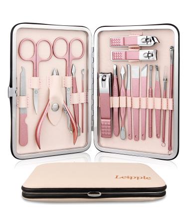 Manicure Set Professional Pedicure Nail Clippers Kit - 18 pcs Nail Care Tools - Grooming Kit with Luxurious Upgraded Travel Case (Beige/Pink)