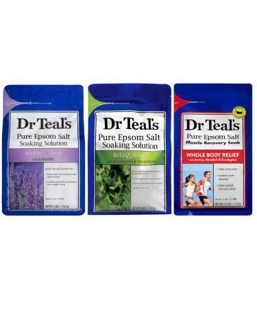Dr Teals Epsom Salt Soak Combo (8.5 lbs Total) - Soothe & Sleep with Lavender  Relax & Relief with Eucalyptus & Spearmint  and Muscle Recovery with Arnica & Menthol - Treat Skin & Relieve Sore Muscles