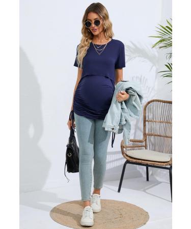 Sosolism Women's Maternity Nursing Dress XL Dark Blue | 4 in 1 Multifunctional Breastfeeding Top with Side Drawstring | Short Sleeve Style - Buy Online on SooperMarket.com