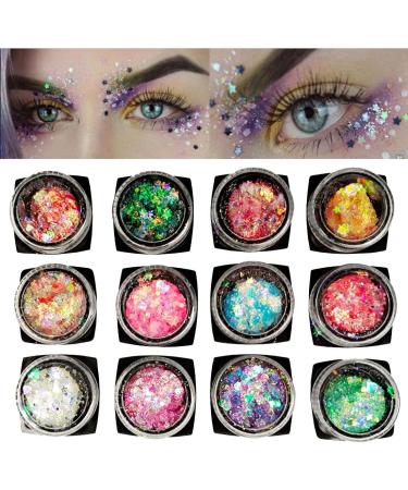 Chunky Holographic Body Glitter - 12 Color Mixed Cosmetic Sequins for Face, Eyes, Hair, Body - Festival Makeup & Nail Art - Buy Online on SooperMarket.com
