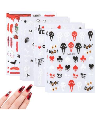 8 Sheets Halloween Nail Stickers Self Adhesive Nail Design Stickers Skeleton Bat Spider Web Witch Ghost Nail Stickers for Halloween Party