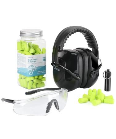 Procase hearing protection and eye protection Set NRR 28 dB soundproofing shooter + protective glasses + 60 pairs of ultra-like foam earplugs
